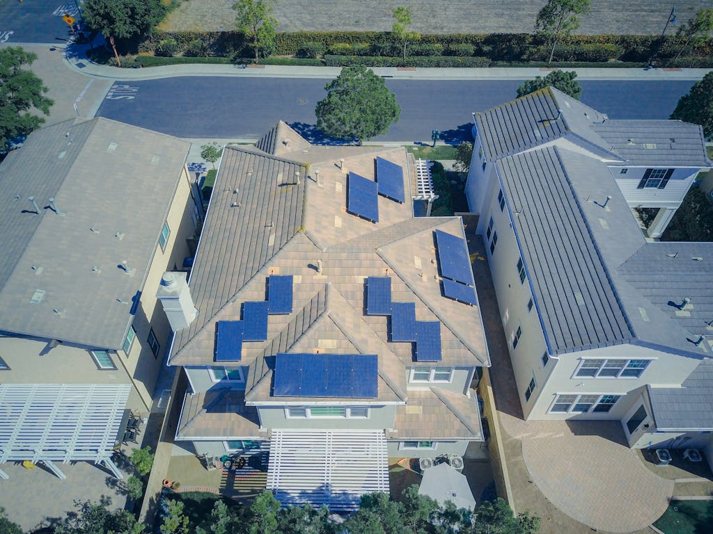 Aerial view of rooftop solar arrays