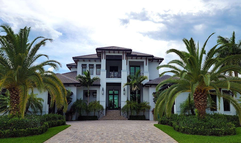 Modern coastal residence framed by palm trees