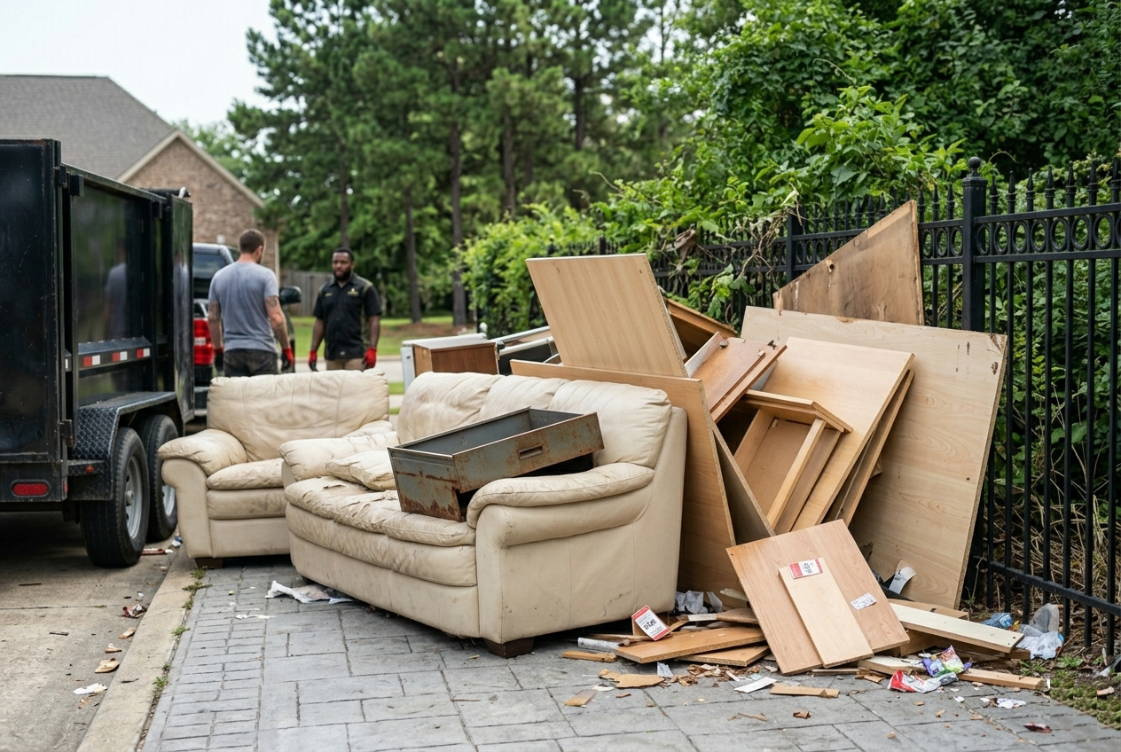 Timber and old furniture loaded beside a haulage truck
