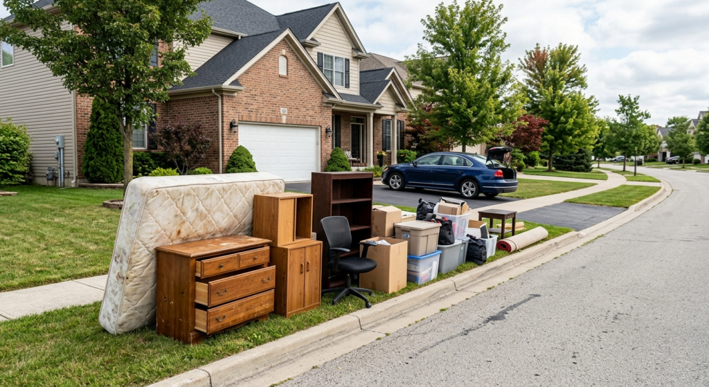 Household furniture and boxes set out at the kerb for removal