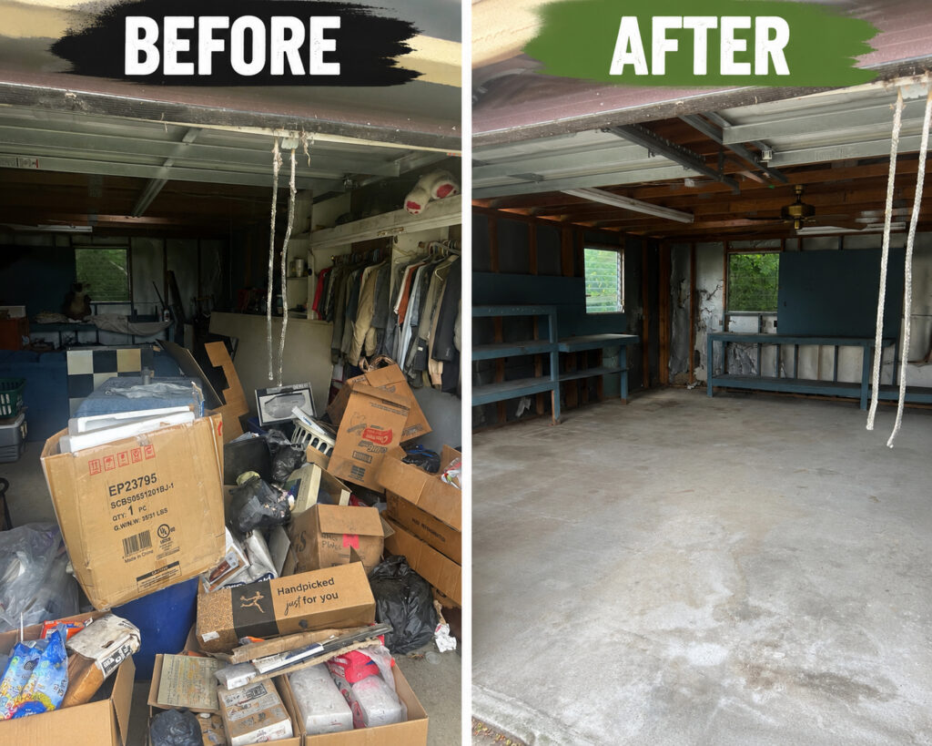 Before and after of a garage cleared by Cornerstone