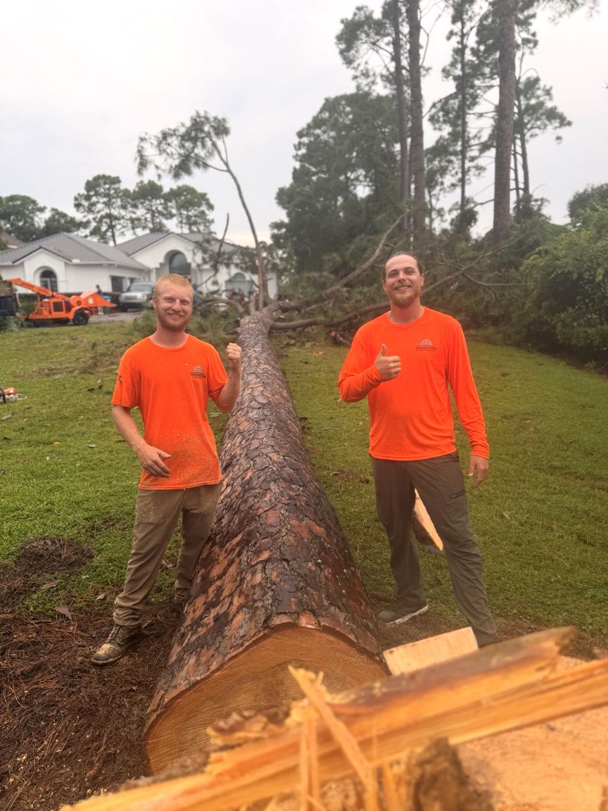 Two Cornerstone Property Services crew members in branded orange shirts giving a thumbs up beside a large felled pine trunk, with the wood chipper and house behind them