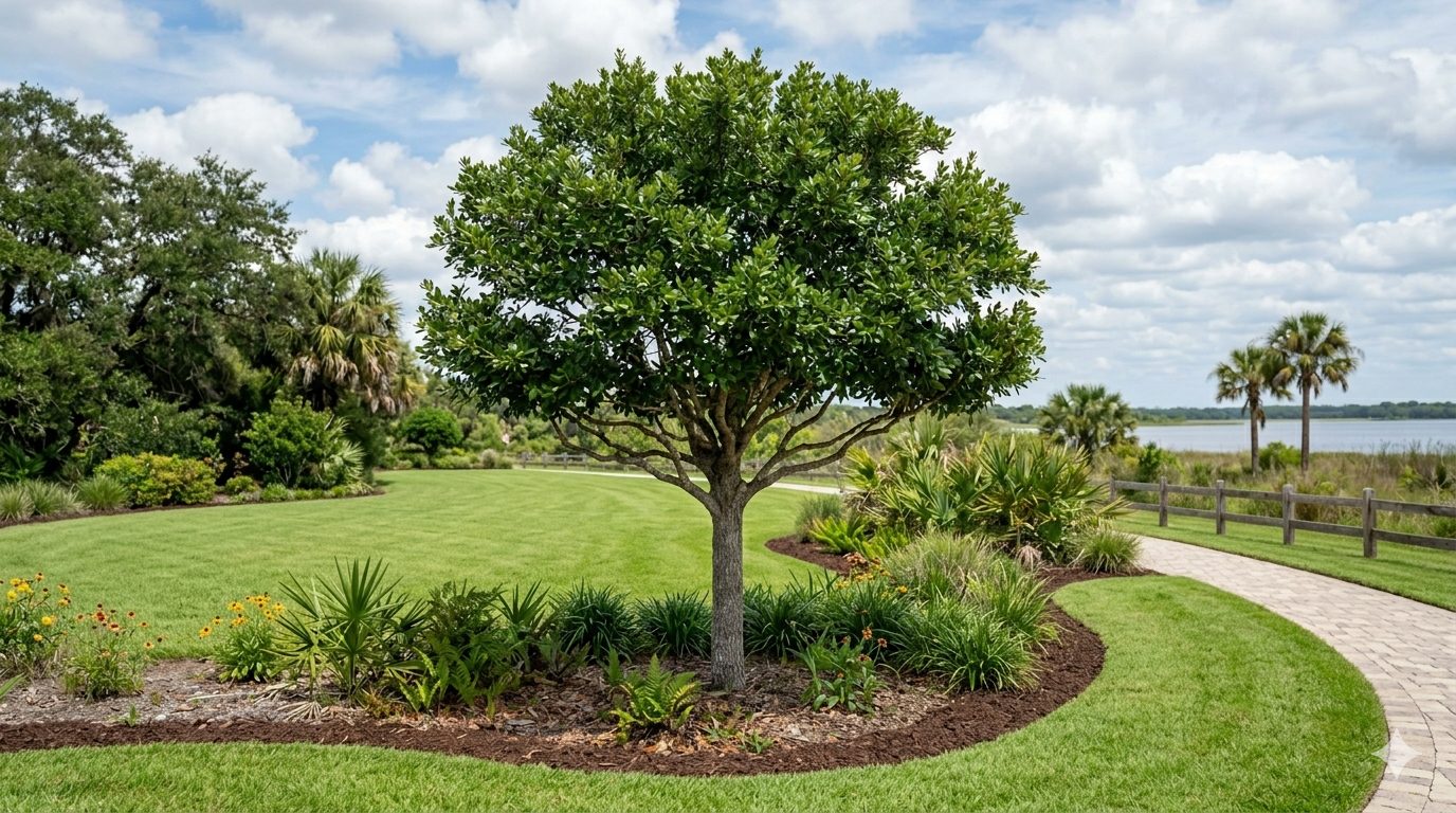 Park with a spreading oak and palms on the waterfront
