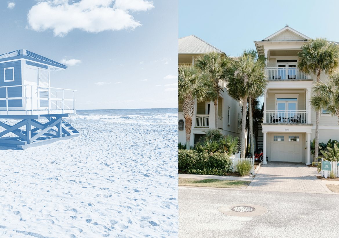 White sand beach with a lifeguard stand beside coastal houses